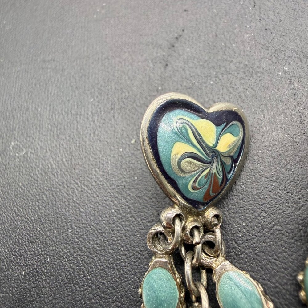 Heart-Shaped Dangle Earrings With Multicolor Enamel Design & Teardrop Charms - Picture 4 of 5